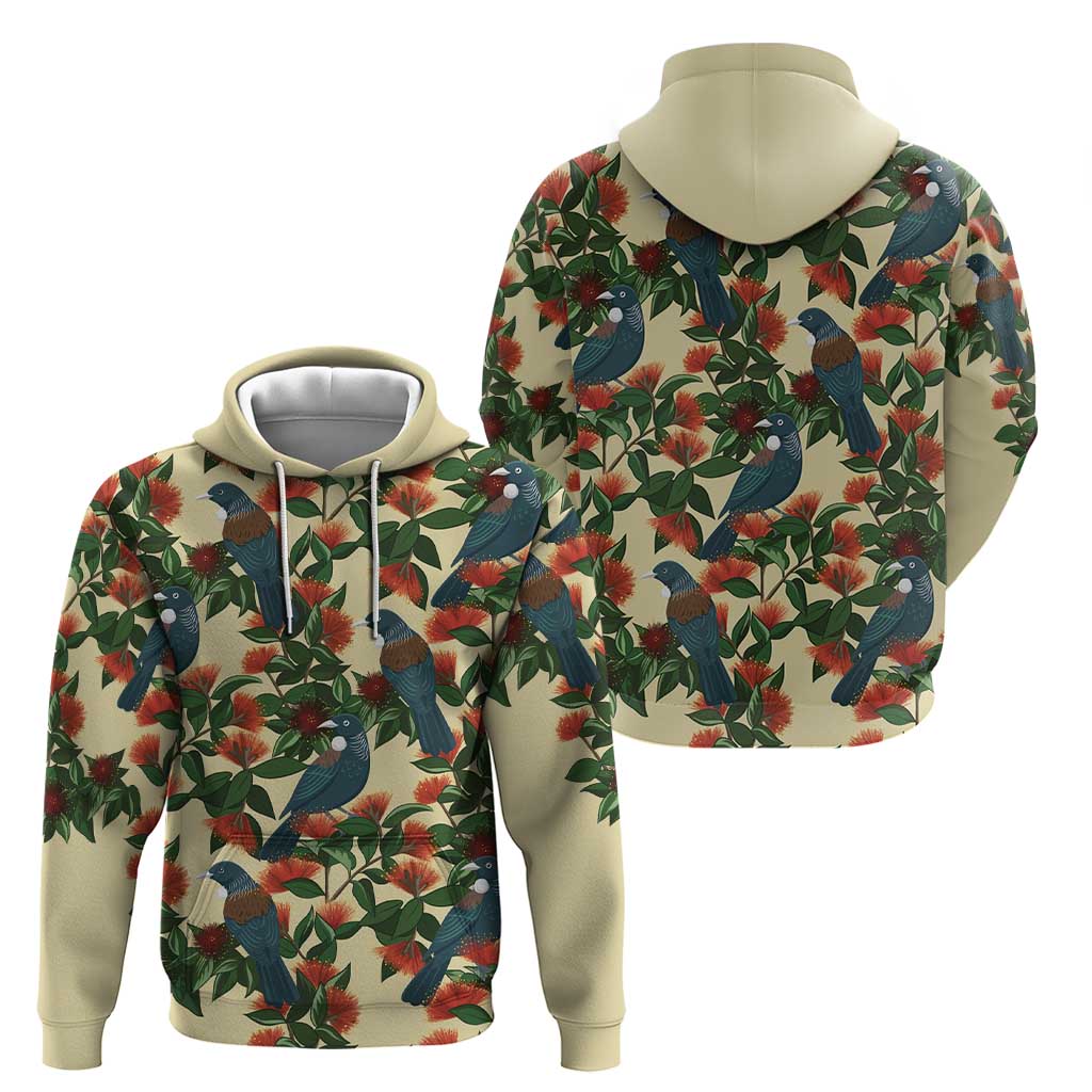 New Zealand Christmas Hoodie Romantic Tui Birds on Pohutukawa - Ivory LT7 - Polynesian Pride