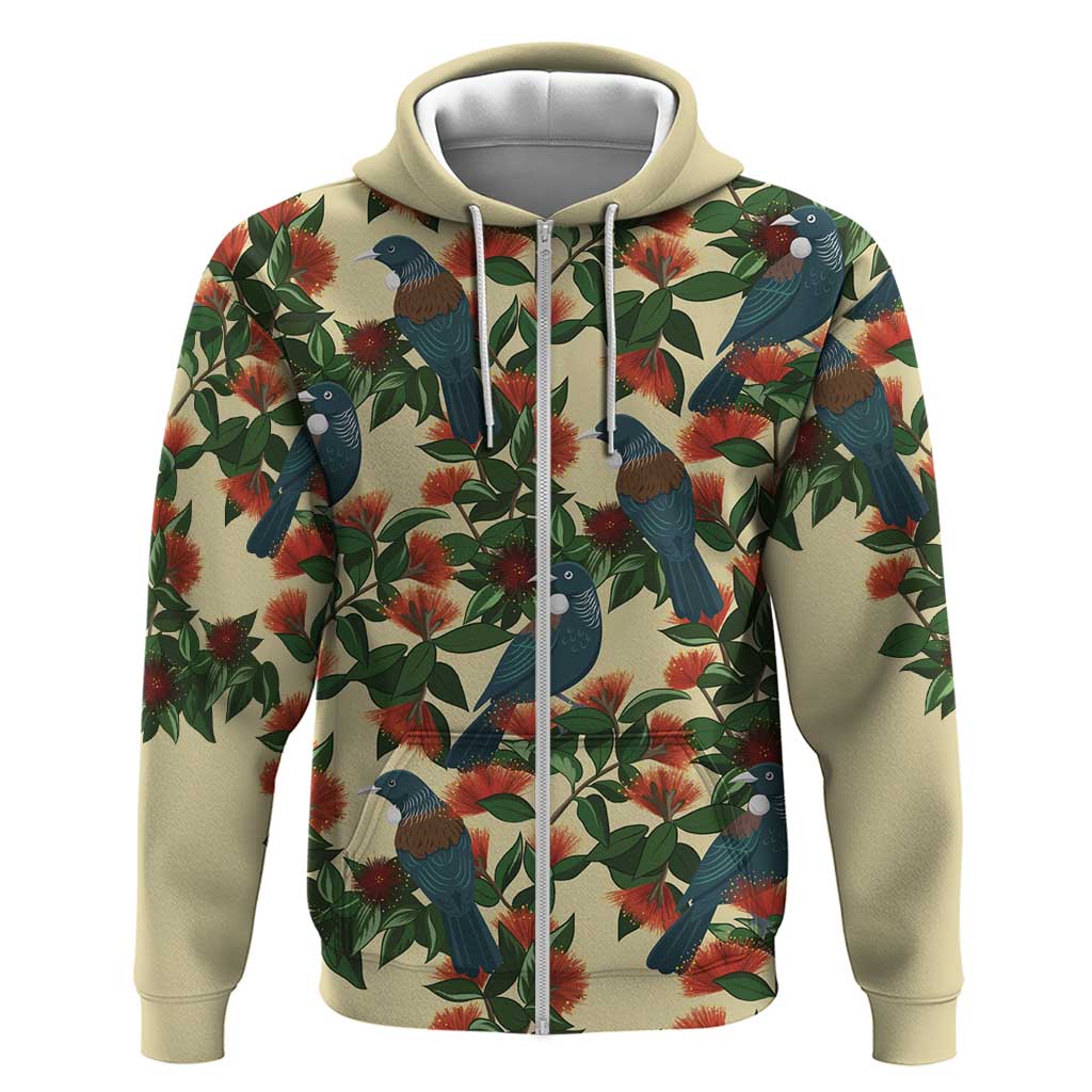 New Zealand Christmas Hoodie Romantic Tui Birds on Pohutukawa - Ivory LT7 Zip Hoodie Ivory - Polynesian Pride