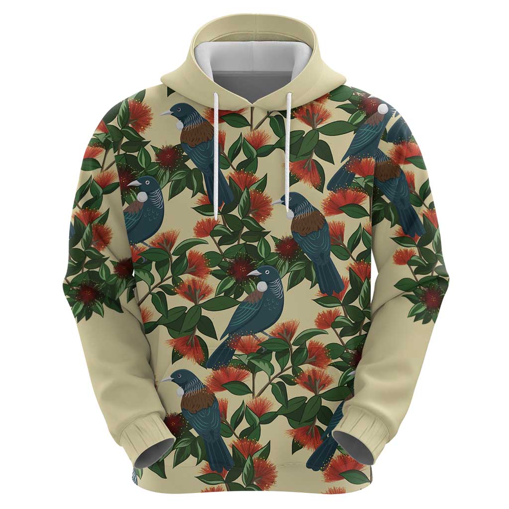 New Zealand Christmas Hoodie Romantic Tui Birds on Pohutukawa - Ivory LT7 - Polynesian Pride