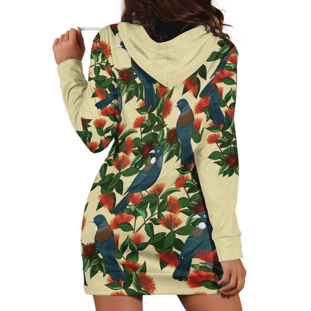New Zealand Christmas Hoodie Dress Romantic Tui Birds on Pohutukawa - Ivory LT7 - Polynesian Pride