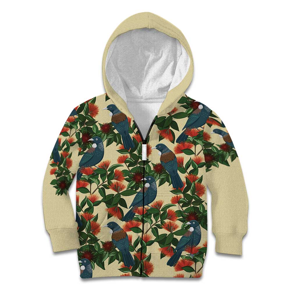 New Zealand Christmas Kid Hoodie Romantic Tui Birds on Pohutukawa - Ivory LT7 Zip Hoodie Ivory - Polynesian Pride