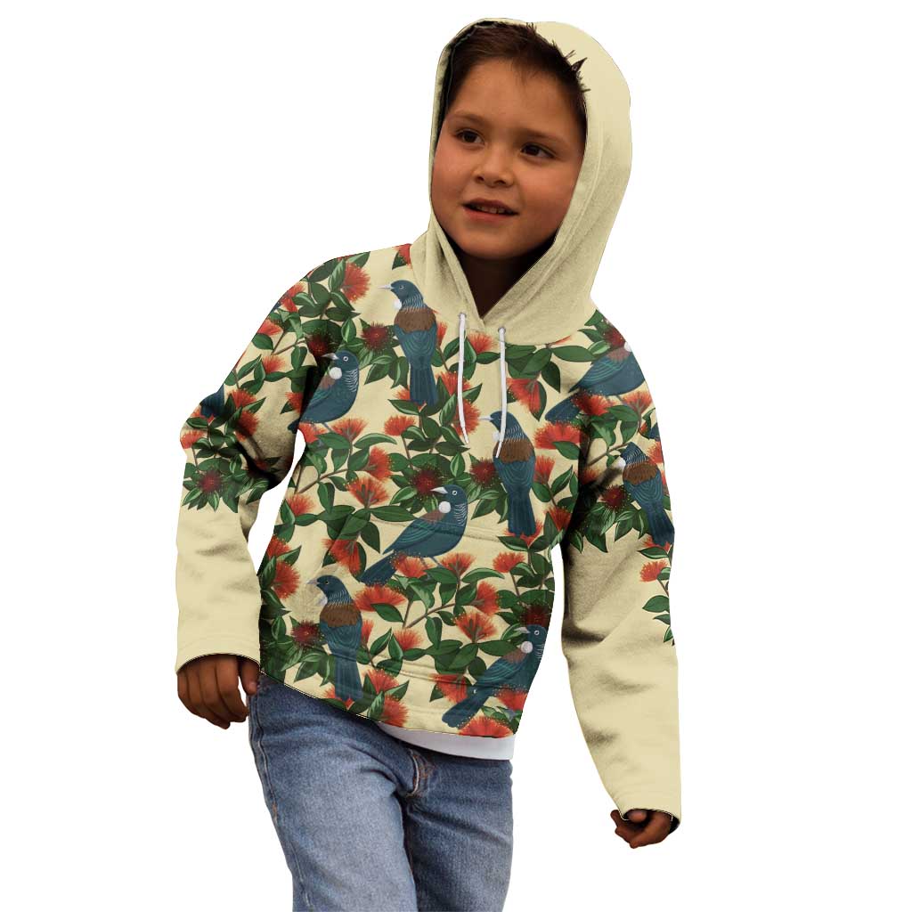 New Zealand Christmas Kid Hoodie Romantic Tui Birds on Pohutukawa - Ivory LT7 - Polynesian Pride