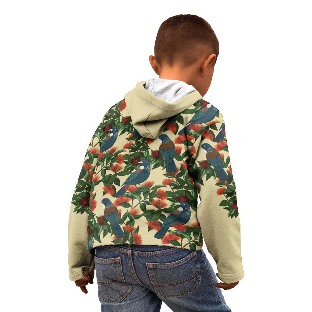 New Zealand Christmas Kid Hoodie Romantic Tui Birds on Pohutukawa - Ivory LT7 - Polynesian Pride