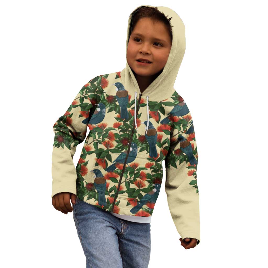 New Zealand Christmas Kid Hoodie Romantic Tui Birds on Pohutukawa - Ivory LT7 - Polynesian Pride