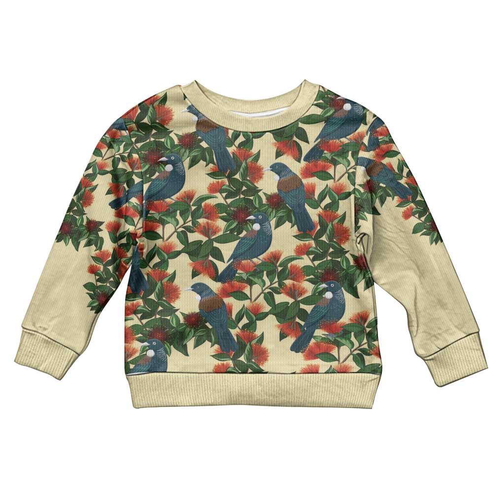 New Zealand Christmas Kid Ugly Christmas Sweater Romantic Tui Birds on Pohutukawa - Ivory LT7 Kid Ivory - Polynesian Pride