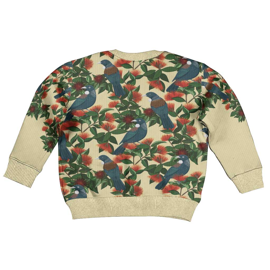 New Zealand Christmas Kid Ugly Christmas Sweater Romantic Tui Birds on Pohutukawa - Ivory LT7 - Polynesian Pride