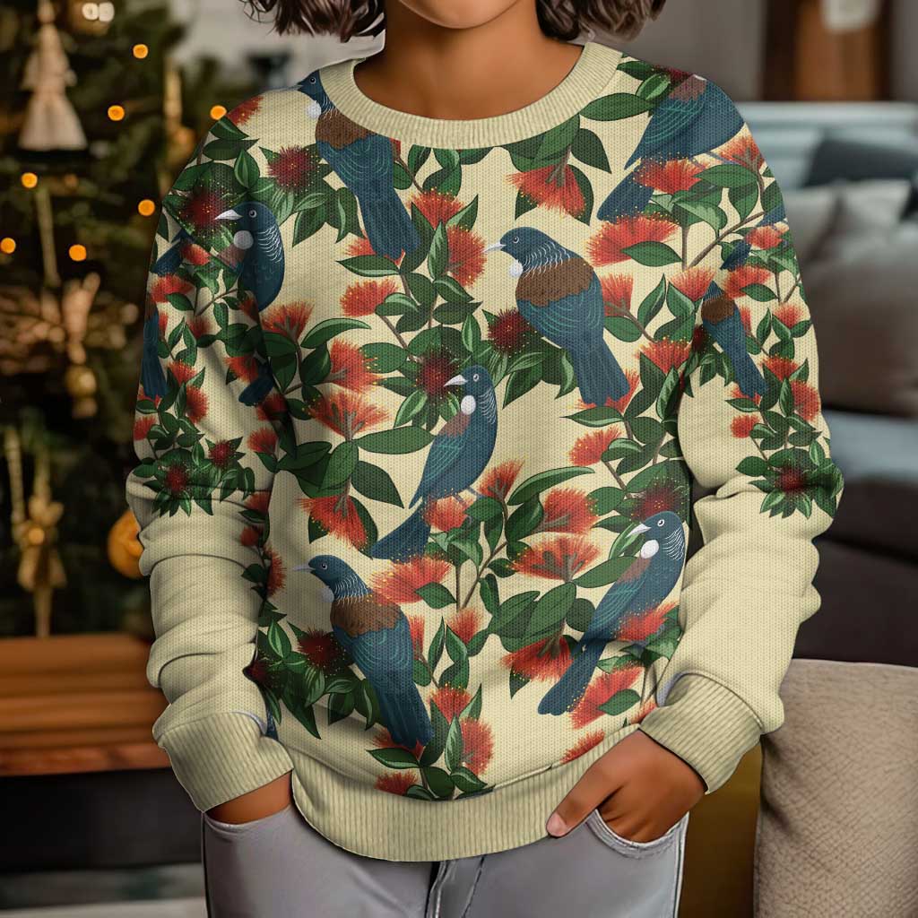 New Zealand Christmas Kid Ugly Christmas Sweater Romantic Tui Birds on Pohutukawa - Ivory LT7 - Polynesian Pride