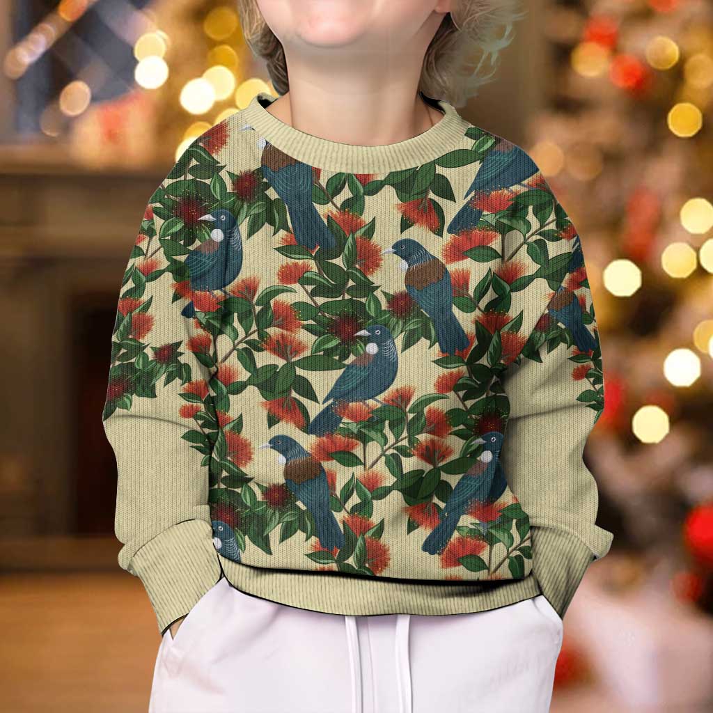 New Zealand Christmas Kid Ugly Christmas Sweater Romantic Tui Birds on Pohutukawa - Ivory LT7 - Polynesian Pride