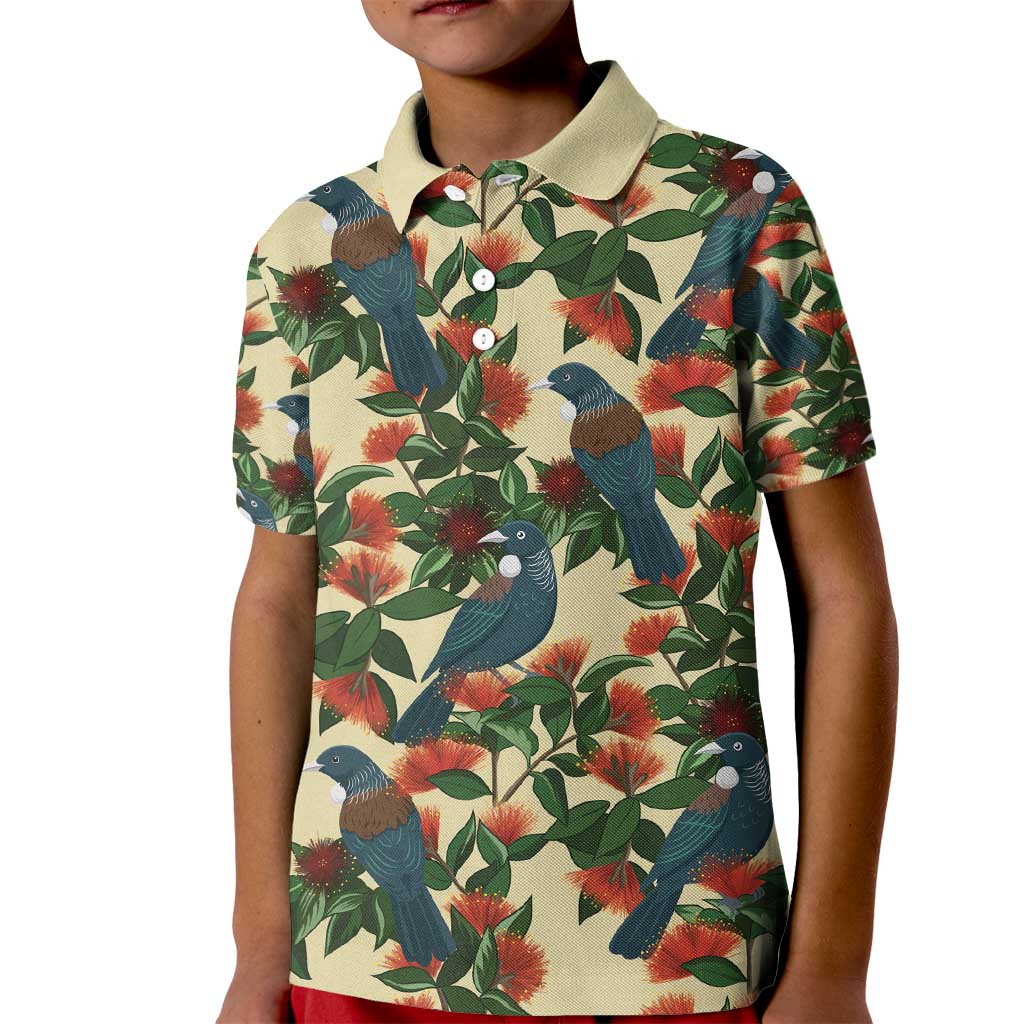 New Zealand Christmas Kid Polo Shirt Romantic Tui Birds on Pohutukawa - Ivory LT7 Kid Ivory - Polynesian Pride