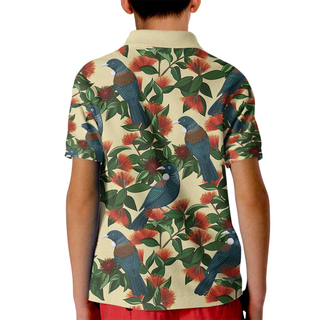 New Zealand Christmas Kid Polo Shirt Romantic Tui Birds on Pohutukawa - Ivory LT7 - Polynesian Pride