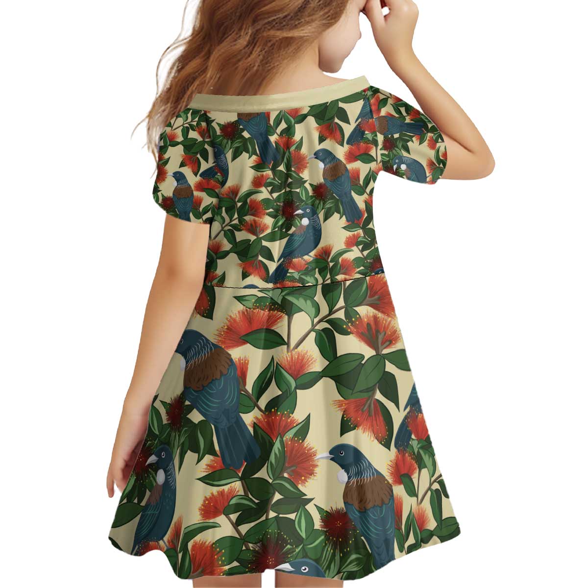 New Zealand Christmas Kid Short Sleeve Dress Romantic Tui Birds on Pohutukawa - Ivory LT7 - Polynesian Pride