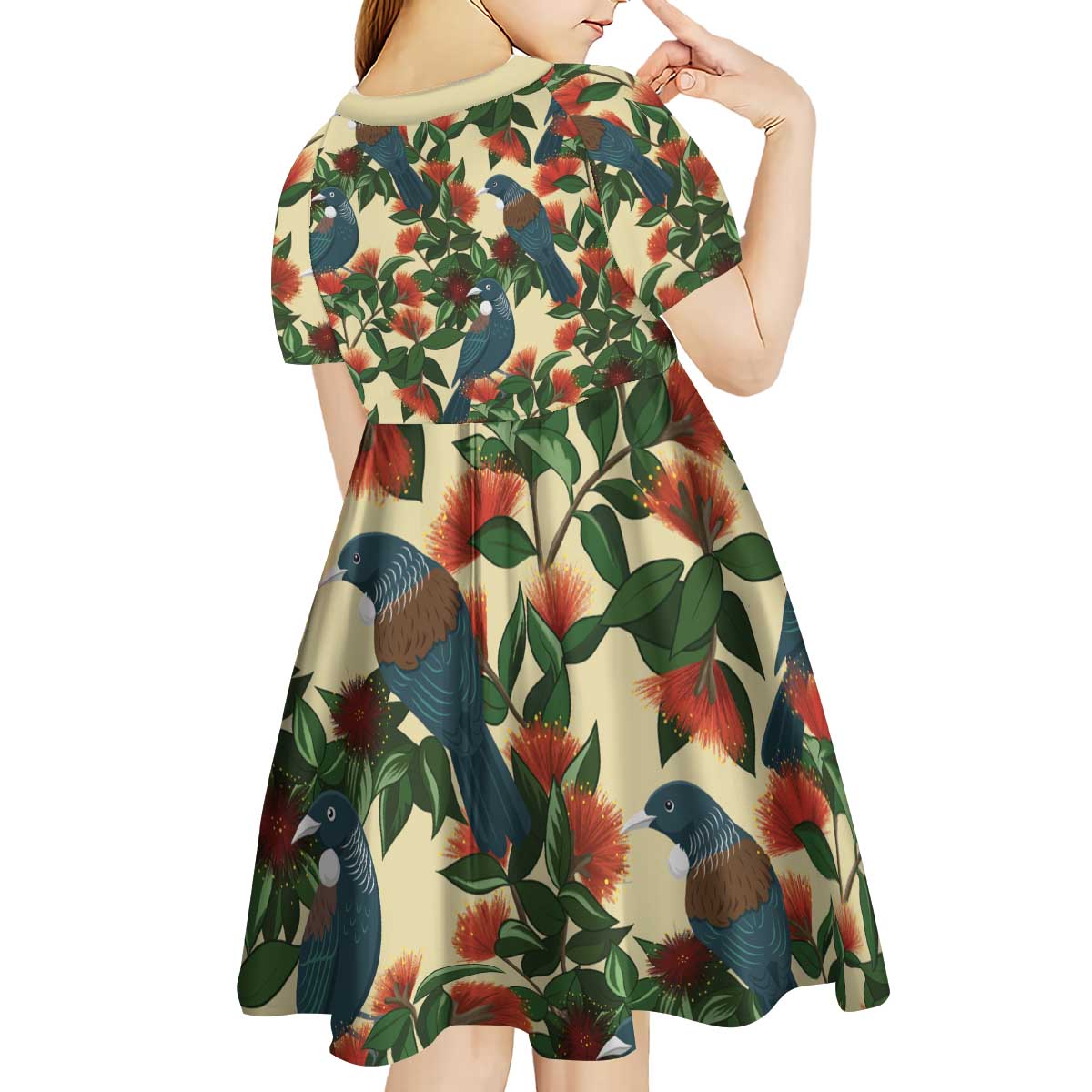 New Zealand Christmas Kid Short Sleeve Dress Romantic Tui Birds on Pohutukawa - Ivory LT7 - Polynesian Pride
