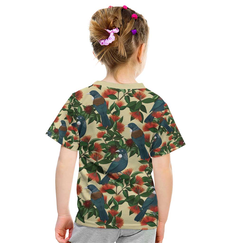 New Zealand Christmas Kid T Shirt Romantic Tui Birds on Pohutukawa - Ivory LT7 - Polynesian Pride