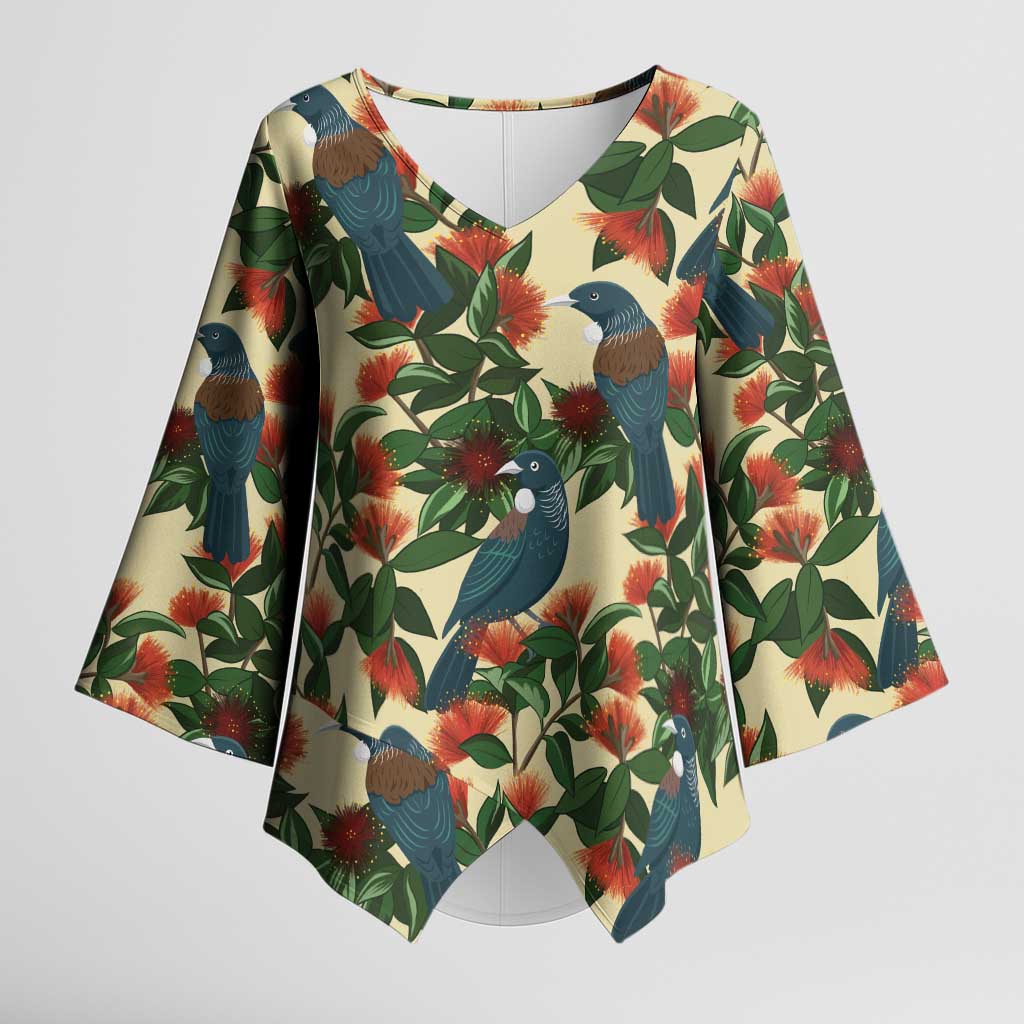 New Zealand Christmas Kimono Sleeve Blouse Romantic Tui Birds on Pohutukawa - Ivory LT7 Female Ivory - Polynesian Pride