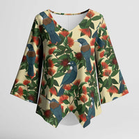 New Zealand Christmas Kimono Sleeve Blouse Romantic Tui Birds on Pohutukawa - Ivory LT7 Female Ivory - Polynesian Pride
