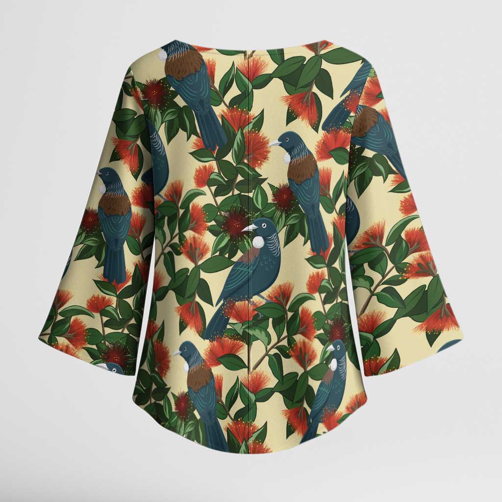 New Zealand Christmas Kimono Sleeve Blouse Romantic Tui Birds on Pohutukawa - Ivory LT7 - Polynesian Pride