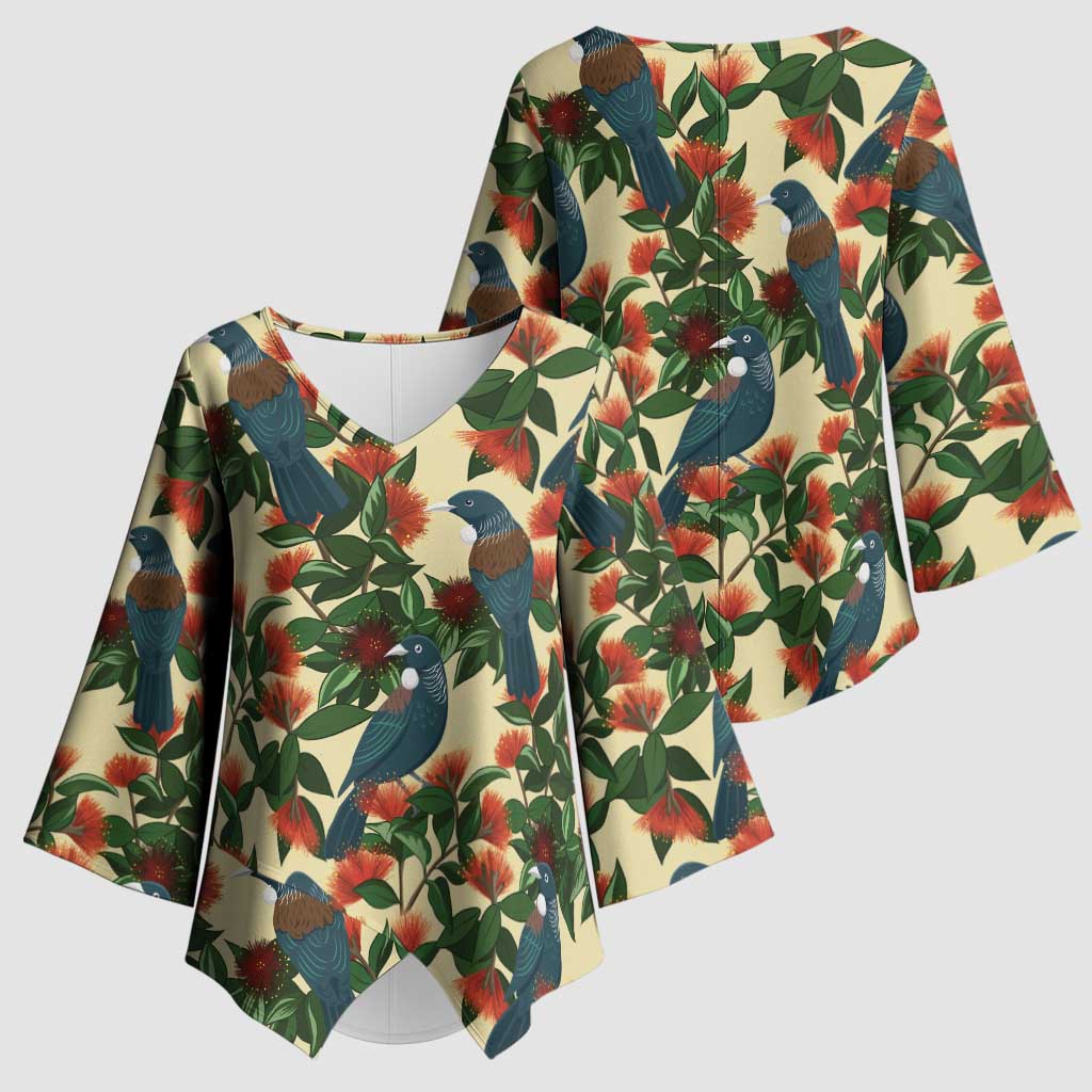 New Zealand Christmas Kimono Sleeve Blouse Romantic Tui Birds on Pohutukawa - Ivory LT7 - Polynesian Pride