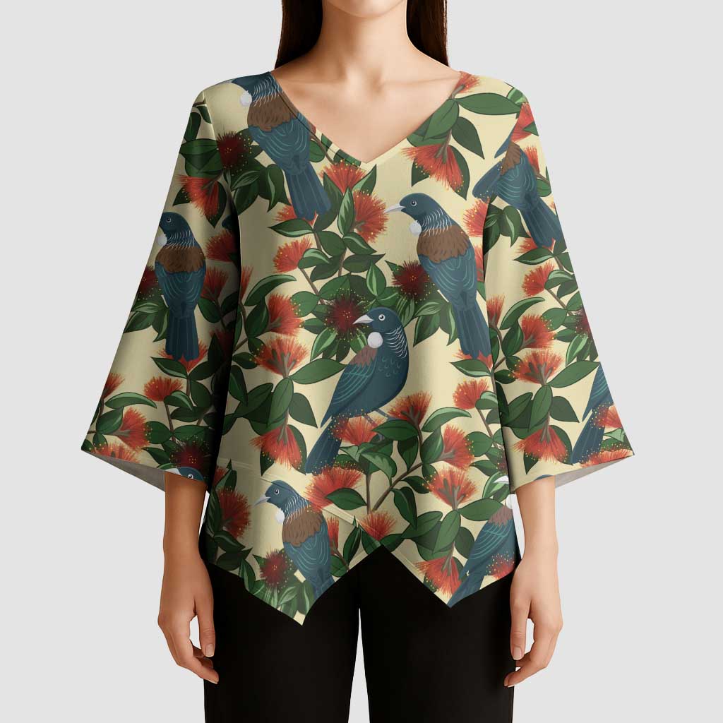 New Zealand Christmas Kimono Sleeve Blouse Romantic Tui Birds on Pohutukawa - Ivory LT7 - Polynesian Pride