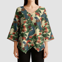 New Zealand Christmas Kimono Sleeve Blouse Romantic Tui Birds on Pohutukawa - Ivory LT7 - Polynesian Pride