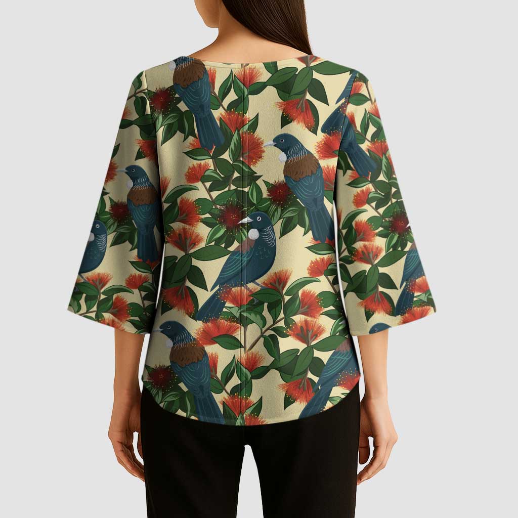 New Zealand Christmas Kimono Sleeve Blouse Romantic Tui Birds on Pohutukawa - Ivory LT7 - Polynesian Pride