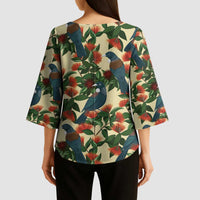 New Zealand Christmas Kimono Sleeve Blouse Romantic Tui Birds on Pohutukawa - Ivory LT7 - Polynesian Pride