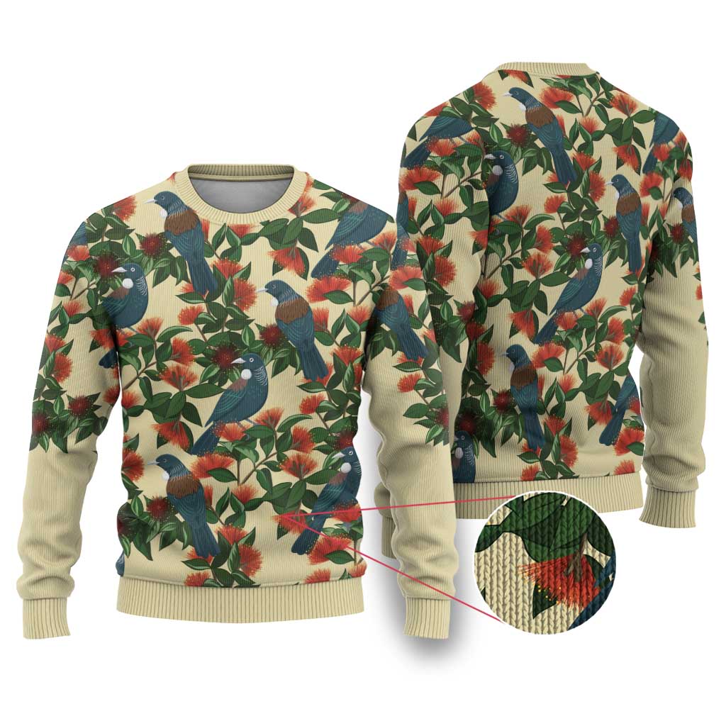 New Zealand Christmas Ugly Christmas Sweater Romantic Tui Birds on Pohutukawa - Ivory LT7 Ivory - Polynesian Pride