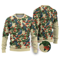 New Zealand Christmas Ugly Christmas Sweater Romantic Tui Birds on Pohutukawa - Ivory LT7 Ivory - Polynesian Pride