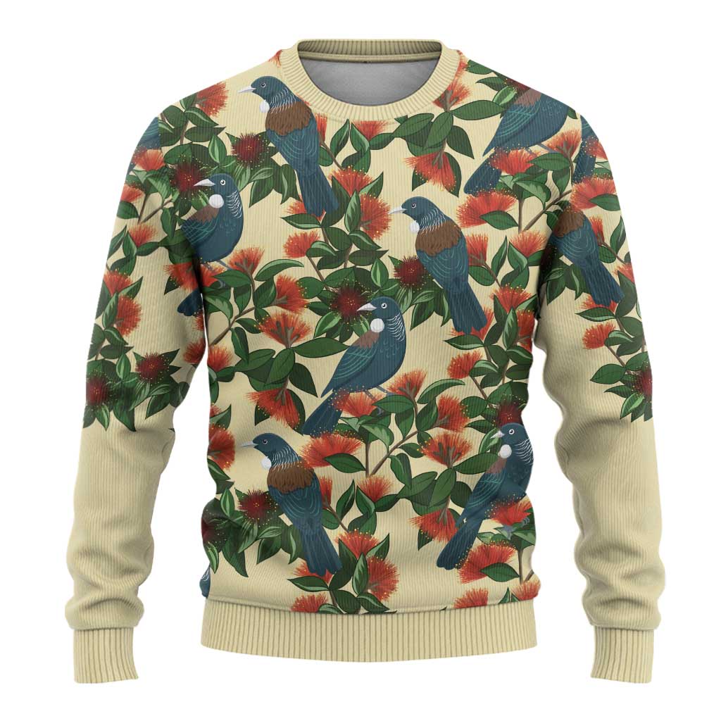 New Zealand Christmas Ugly Christmas Sweater Romantic Tui Birds on Pohutukawa - Ivory LT7 - Polynesian Pride