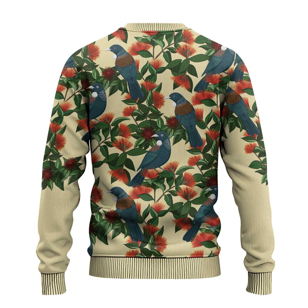 New Zealand Christmas Ugly Christmas Sweater Romantic Tui Birds on Pohutukawa - Ivory LT7 - Polynesian Pride