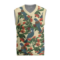 New Zealand Christmas Knitted V-Neck Vest Romantic Tui Birds on Pohutukawa - Ivory LT7 Ivory - Polynesian Pride