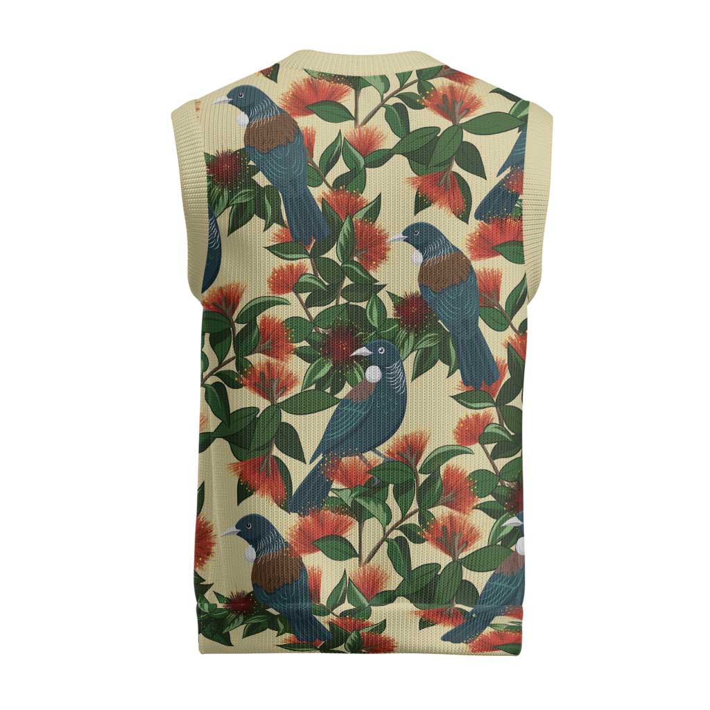 New Zealand Christmas Knitted V-Neck Vest Romantic Tui Birds on Pohutukawa - Ivory LT7 - Polynesian Pride