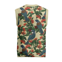 New Zealand Christmas Knitted V-Neck Vest Romantic Tui Birds on Pohutukawa - Ivory LT7 - Polynesian Pride