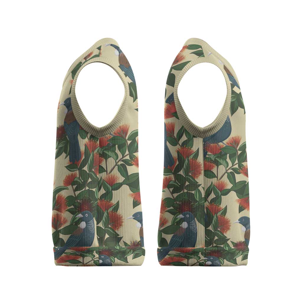 New Zealand Christmas Knitted V-Neck Vest Romantic Tui Birds on Pohutukawa - Ivory LT7 - Polynesian Pride