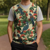 New Zealand Christmas Knitted V-Neck Vest Romantic Tui Birds on Pohutukawa - Ivory LT7 - Polynesian Pride
