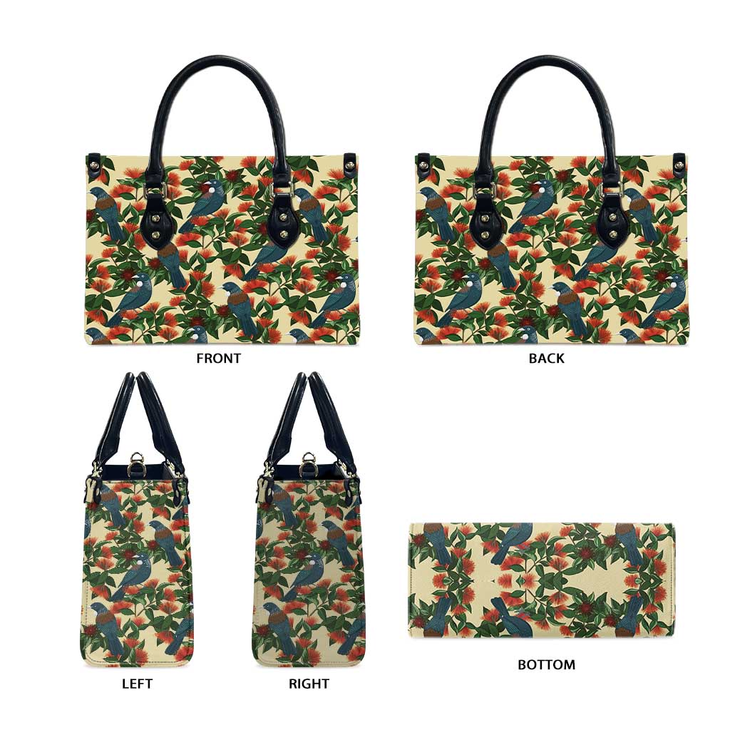 New Zealand Christmas Leather Bag Romantic Tui Birds on Pohutukawa - Ivory - Polynesian Pride