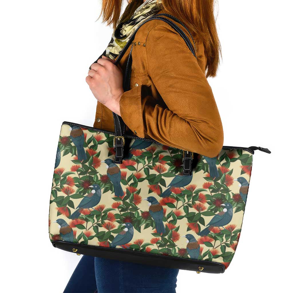 New Zealand Christmas Leather Tote Bag Romantic Tui Birds on Pohutukawa - Ivory LT7 Ivory - Polynesian Pride