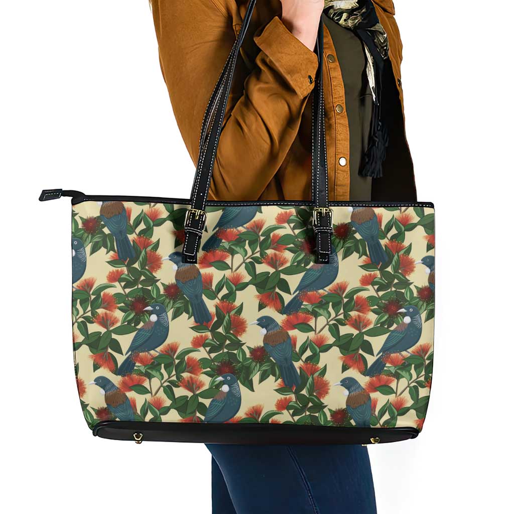 New Zealand Christmas Leather Tote Bag Romantic Tui Birds on Pohutukawa - Ivory LT7 - Polynesian Pride