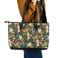 New Zealand Christmas Leather Tote Bag Romantic Tui Birds on Pohutukawa - Ivory LT7 - Polynesian Pride