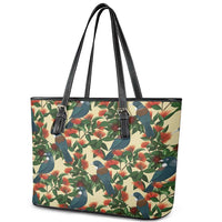New Zealand Christmas Leather Tote Bag Romantic Tui Birds on Pohutukawa - Ivory LT7 - Polynesian Pride