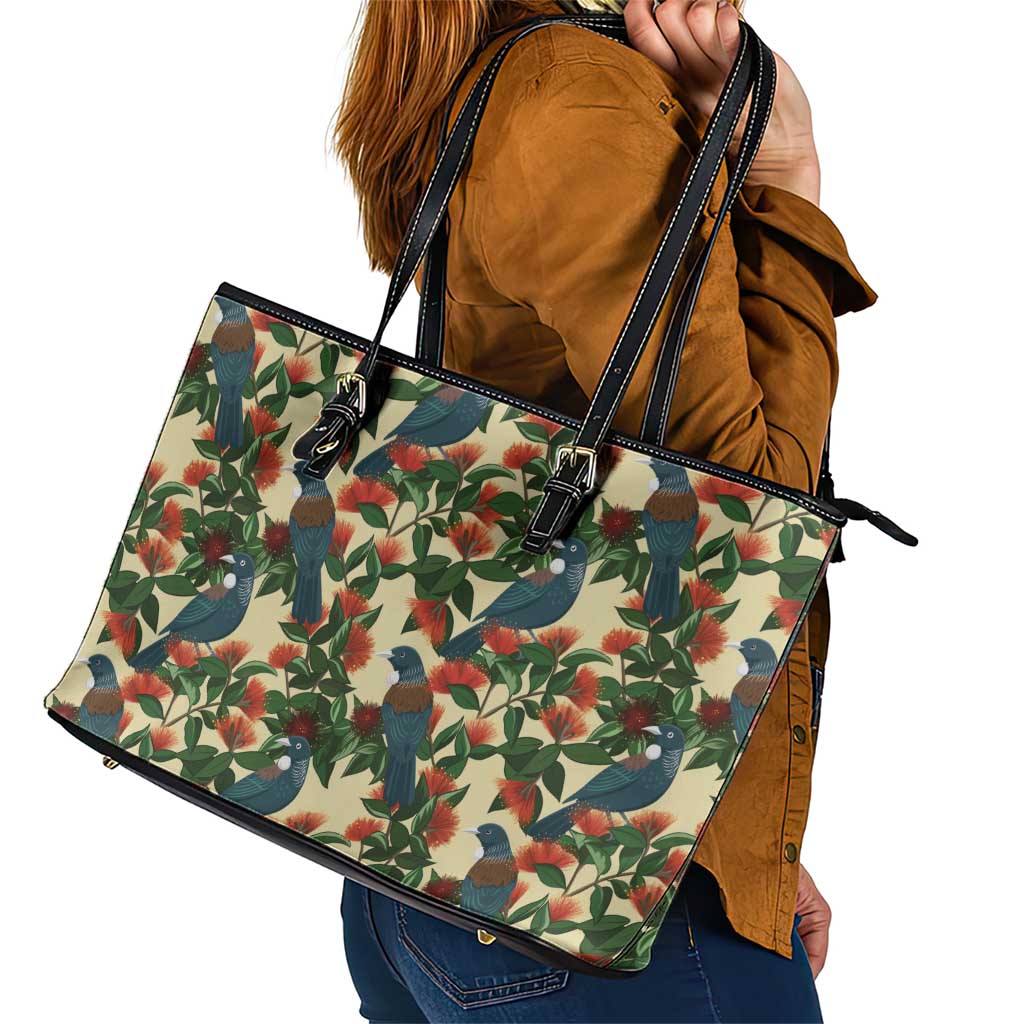 New Zealand Christmas Leather Tote Bag Romantic Tui Birds on Pohutukawa - Ivory LT7 - Polynesian Pride