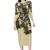 New Zealand Christmas Long Sleeve Bodycon Dress Romantic Tui Birds on Pohutukawa - Ivory LT7 Long Dress Ivory - Polynesian Pride