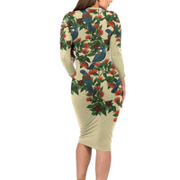 New Zealand Christmas Long Sleeve Bodycon Dress Romantic Tui Birds on Pohutukawa - Ivory LT7 - Polynesian Pride