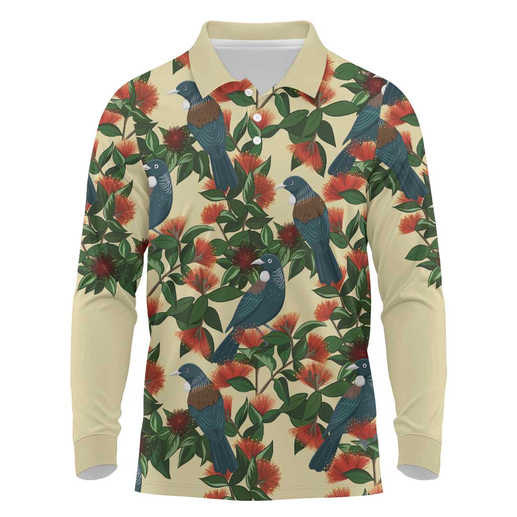New Zealand Christmas Long Sleeve Polo Shirt Romantic Tui Birds on Pohutukawa - Ivory LT7 Ivory - Polynesian Pride