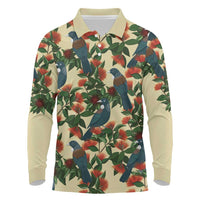 New Zealand Christmas Long Sleeve Polo Shirt Romantic Tui Birds on Pohutukawa - Ivory LT7 Ivory - Polynesian Pride