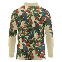 New Zealand Christmas Long Sleeve Polo Shirt Romantic Tui Birds on Pohutukawa - Ivory LT7 - Polynesian Pride