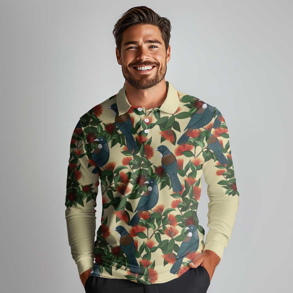 New Zealand Christmas Long Sleeve Polo Shirt Romantic Tui Birds on Pohutukawa - Ivory LT7 - Polynesian Pride