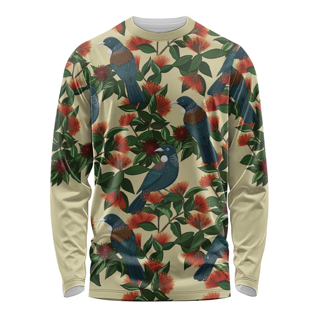 New Zealand Christmas Long Sleeve Shirt Romantic Tui Birds on Pohutukawa - Ivory LT7 Unisex Ivory - Polynesian Pride