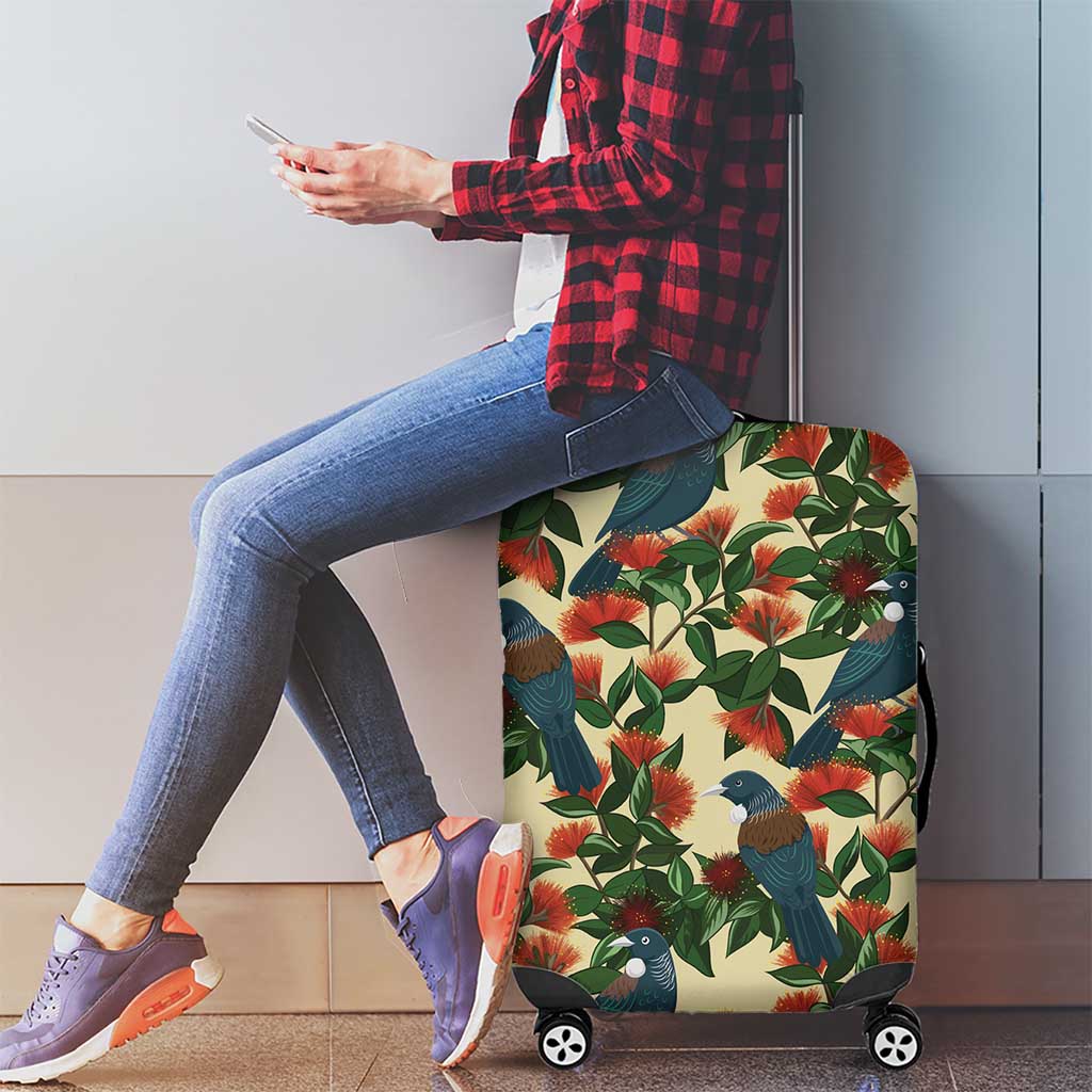New Zealand Christmas Luggage Cover Romantic Tui Birds on Pohutukawa - Ivory - Polynesian Pride