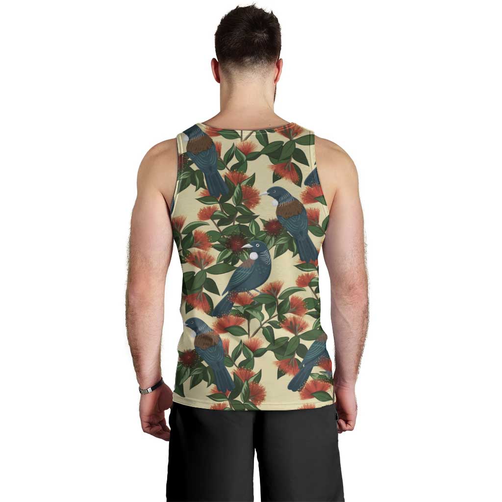 New Zealand Christmas Men Tank Top Romantic Tui Birds on Pohutukawa - Ivory LT7 - Polynesian Pride