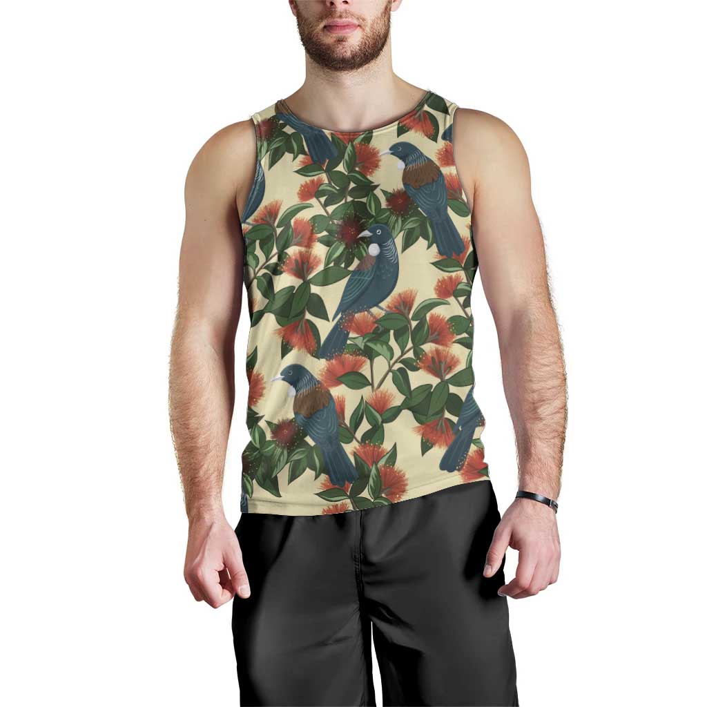 New Zealand Christmas Men Tank Top Romantic Tui Birds on Pohutukawa - Ivory LT7 - Polynesian Pride